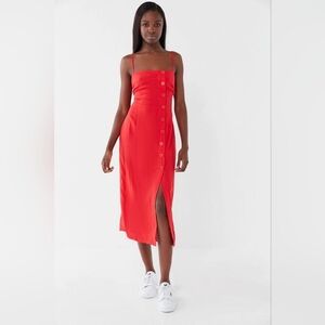 Urban Outfitters Fiery Red Linen Blend Midi Dress With Button Detailing | Xsmall